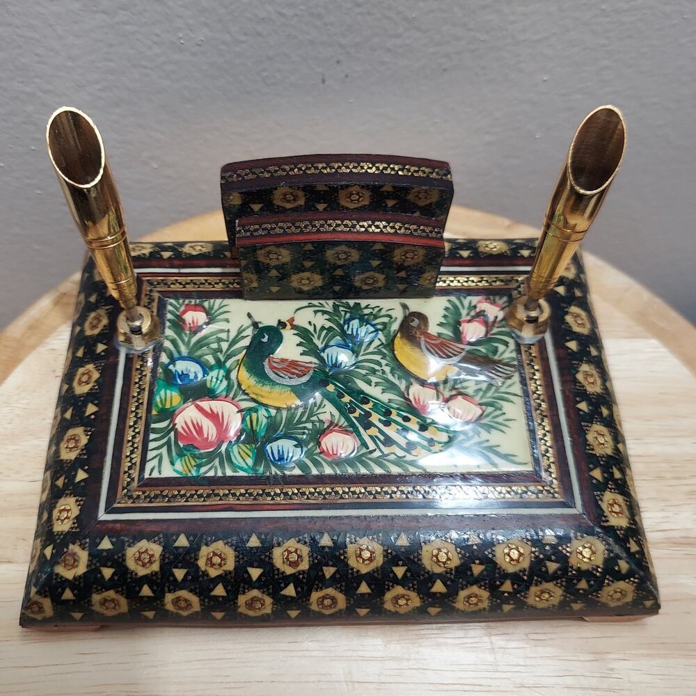 Persian Khatam Inlaid Desk Set Gold Leaf Birds Gold Plated Double Pen 5.75"